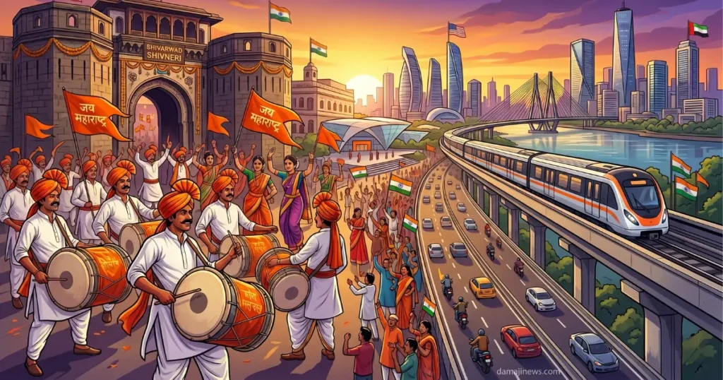 Maharashtra Din 2026 blog featured image showing history, traditional celebration, modern inclusive development, and damajinews