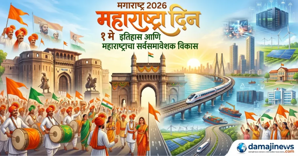 Maharashtra Din 2026 blog featured image showing history, traditional celebration, modern inclusive development, and damajinews logo.